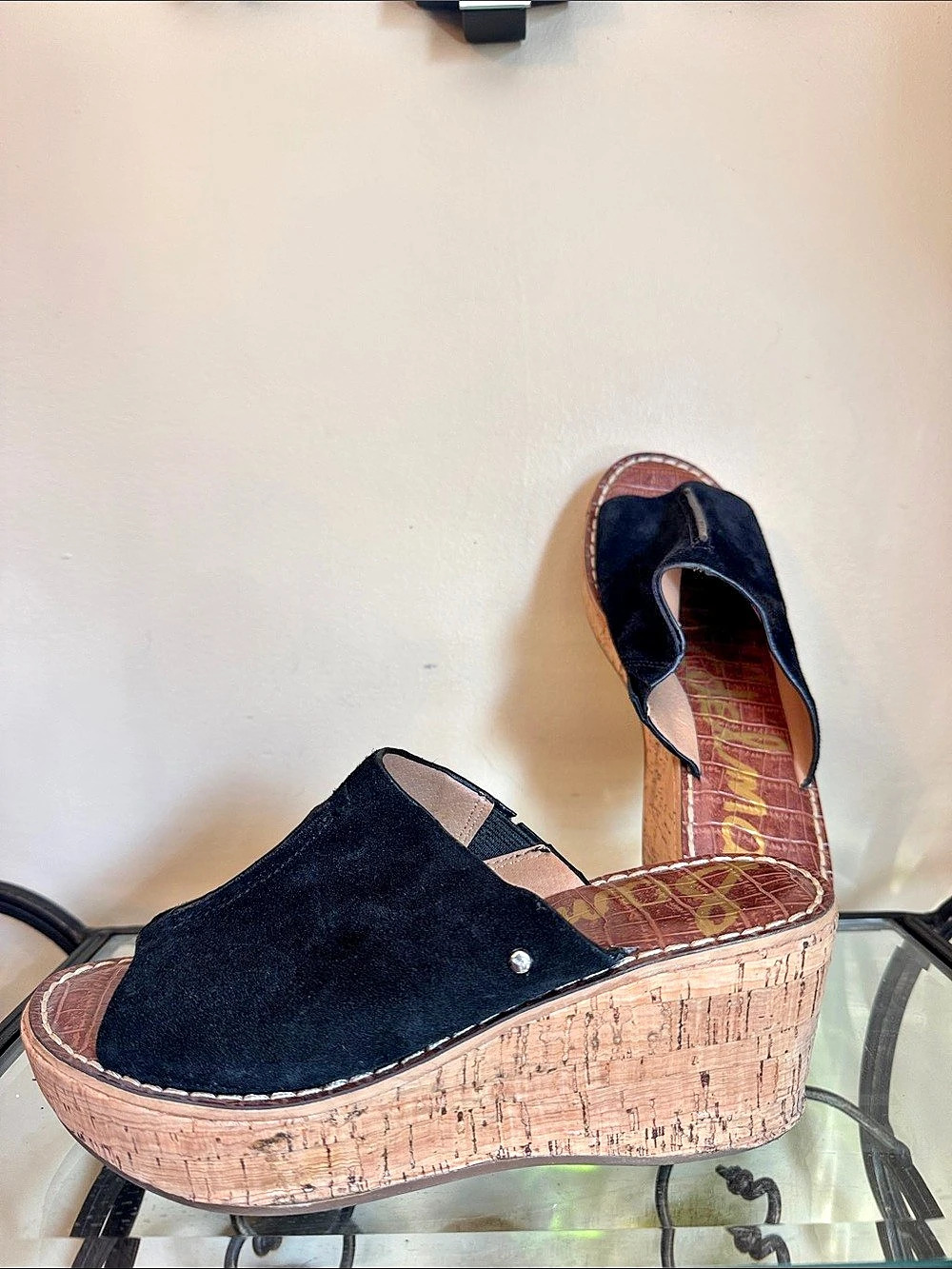 Sam Edelman Yuki Black & Brown Suede Cork Wedge Sandals